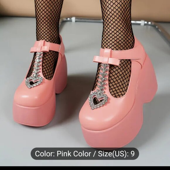 Woman's size 9 pink platform shoes with rhinestone heart embellishments - Picture 10 of 10